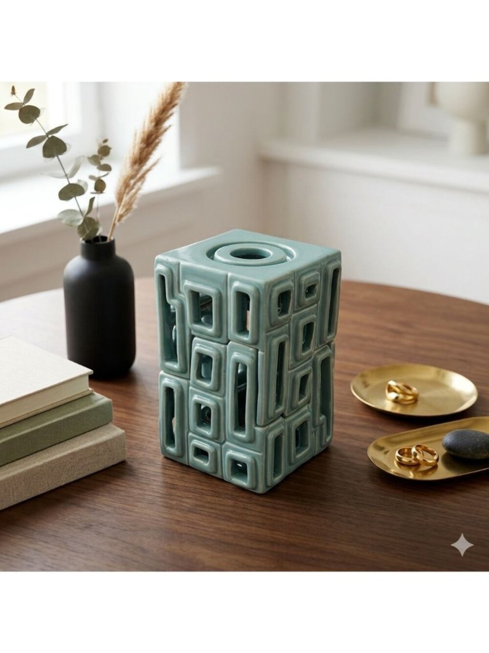 Vintage Postmodern Ceramic Interlocking Candle Holder Aqua Geometric Brutalist